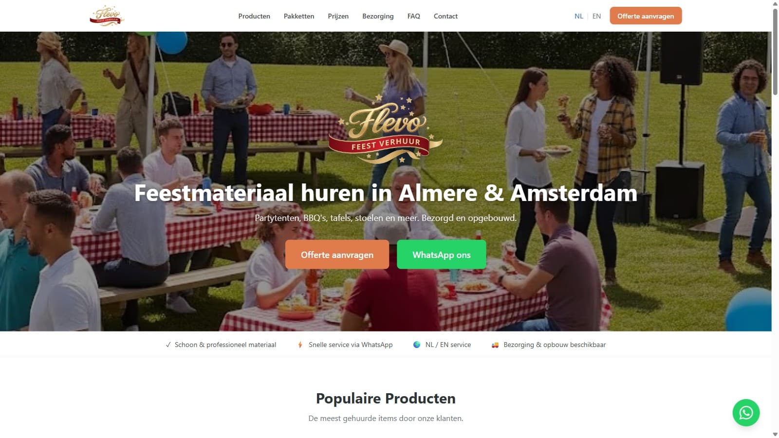 De homepage van flevofeestverhuur.nl: de kop 'Feestmateriaal huren in Almere & Amsterdam' over een foto van een tuinfeest met partytent en picknicktafels, met knoppen voor een offerteaanvraag en WhatsApp en daaronder de rij servicepunten.